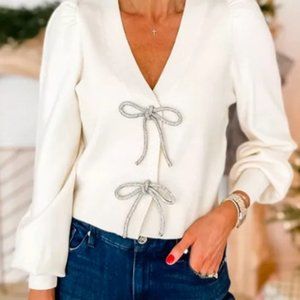 Ladies---White V Neck Bow Knot Front Sweet Sweater with Silver Ties; Size Medium